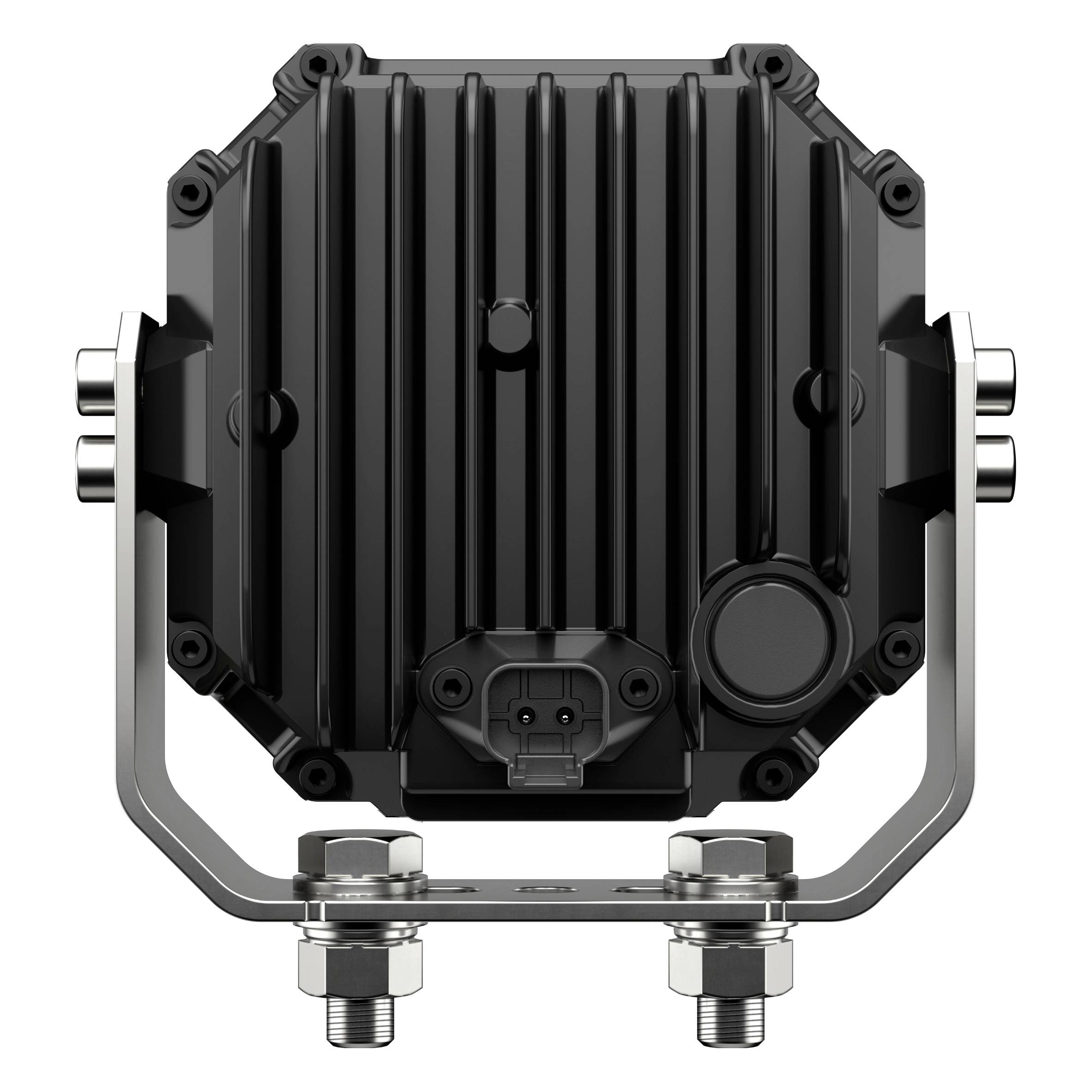 Un dispositif technique noir et robuste avec une structure nervurée et quatre connexions latérales, monté sur un support métallique.