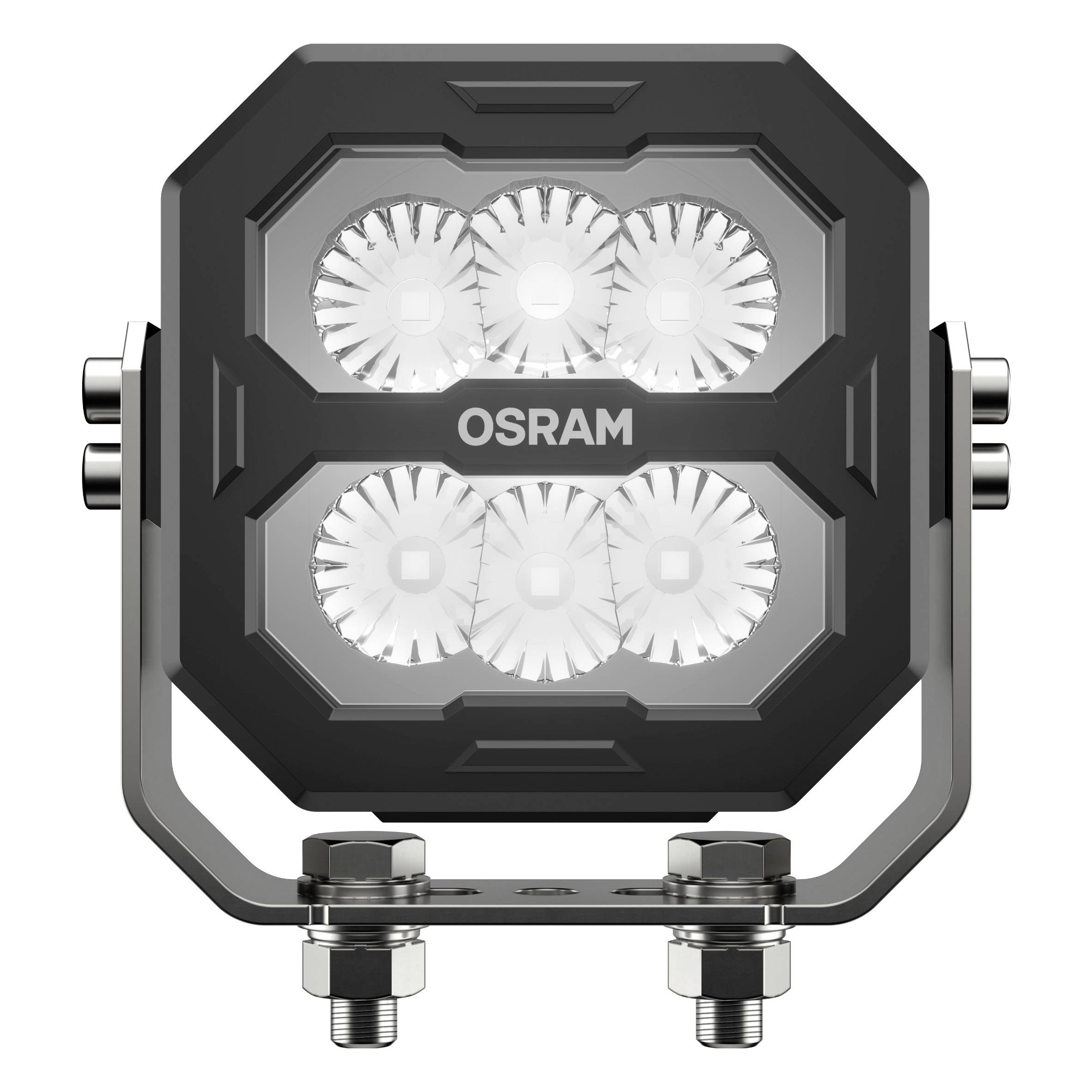 Un projecteur de travail LED de forme carrée avec six lumières rondes, adapté à une utilisation dans différentes situations d'éclairage.