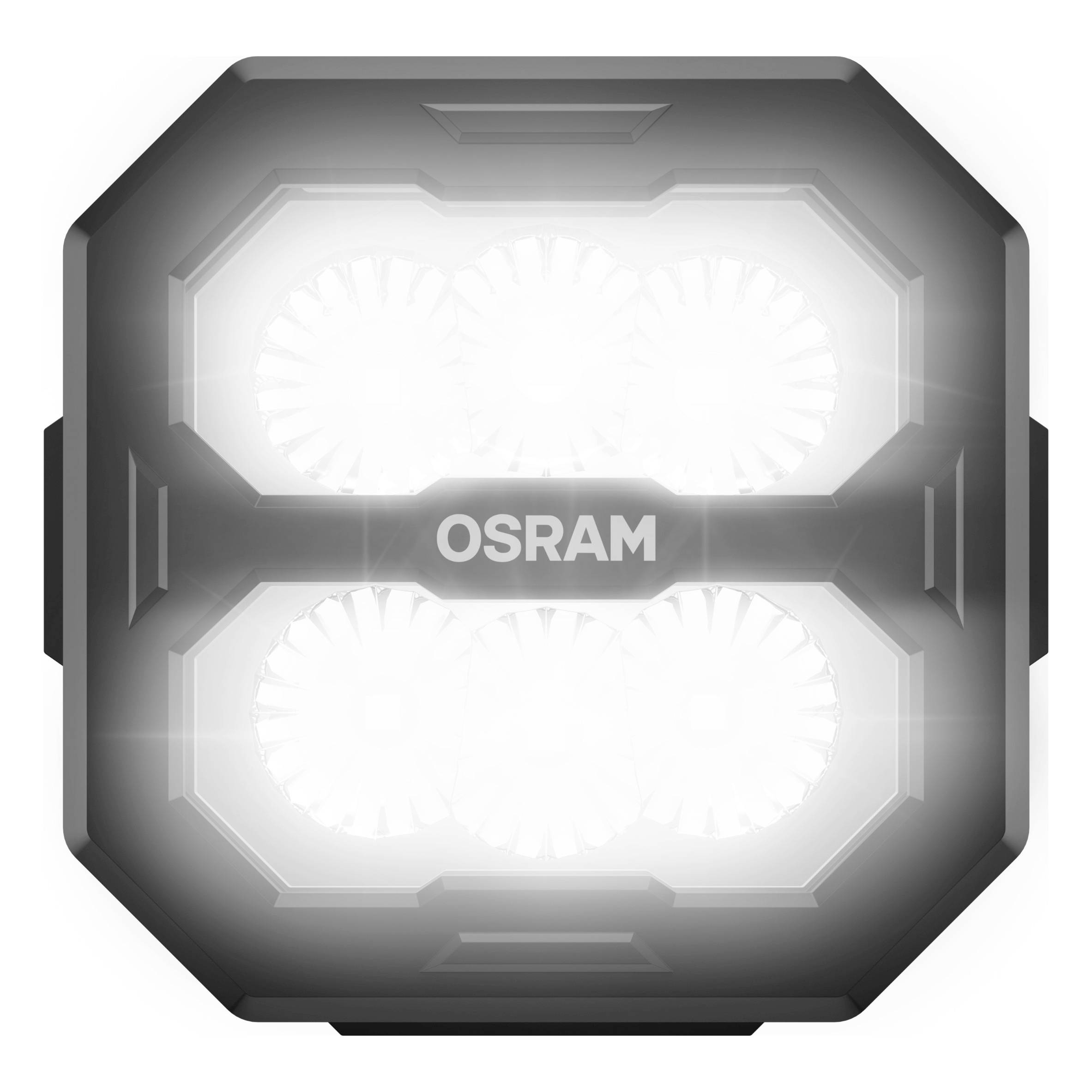 Un projecteur carré OSRAM LED éclaire avec quatre cercles lumineux distincts.