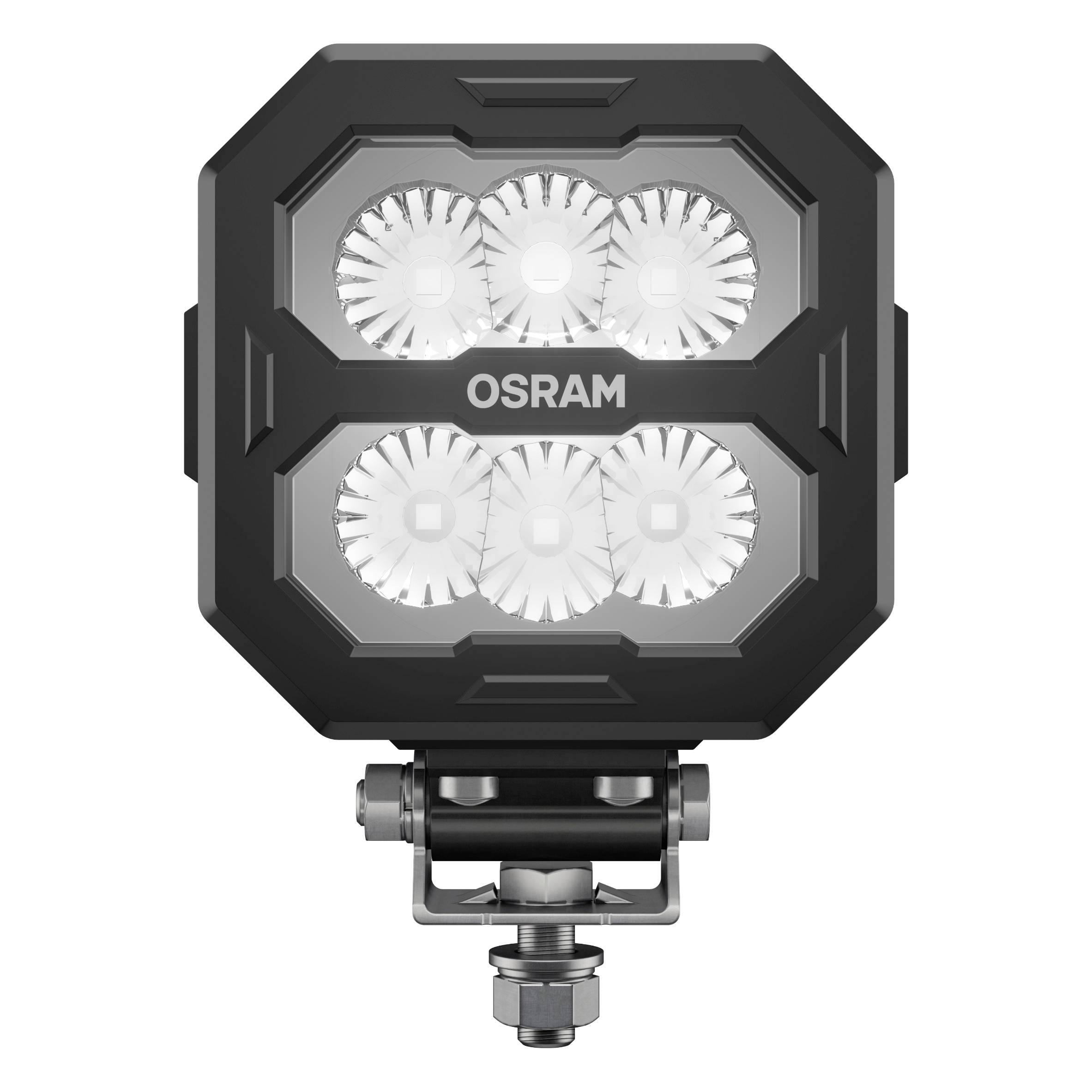 Projecteur de travail LED carré OSRAM avec huit LED lumineuses, adapté aux véhicules de travail et à l'éclairage de machines.