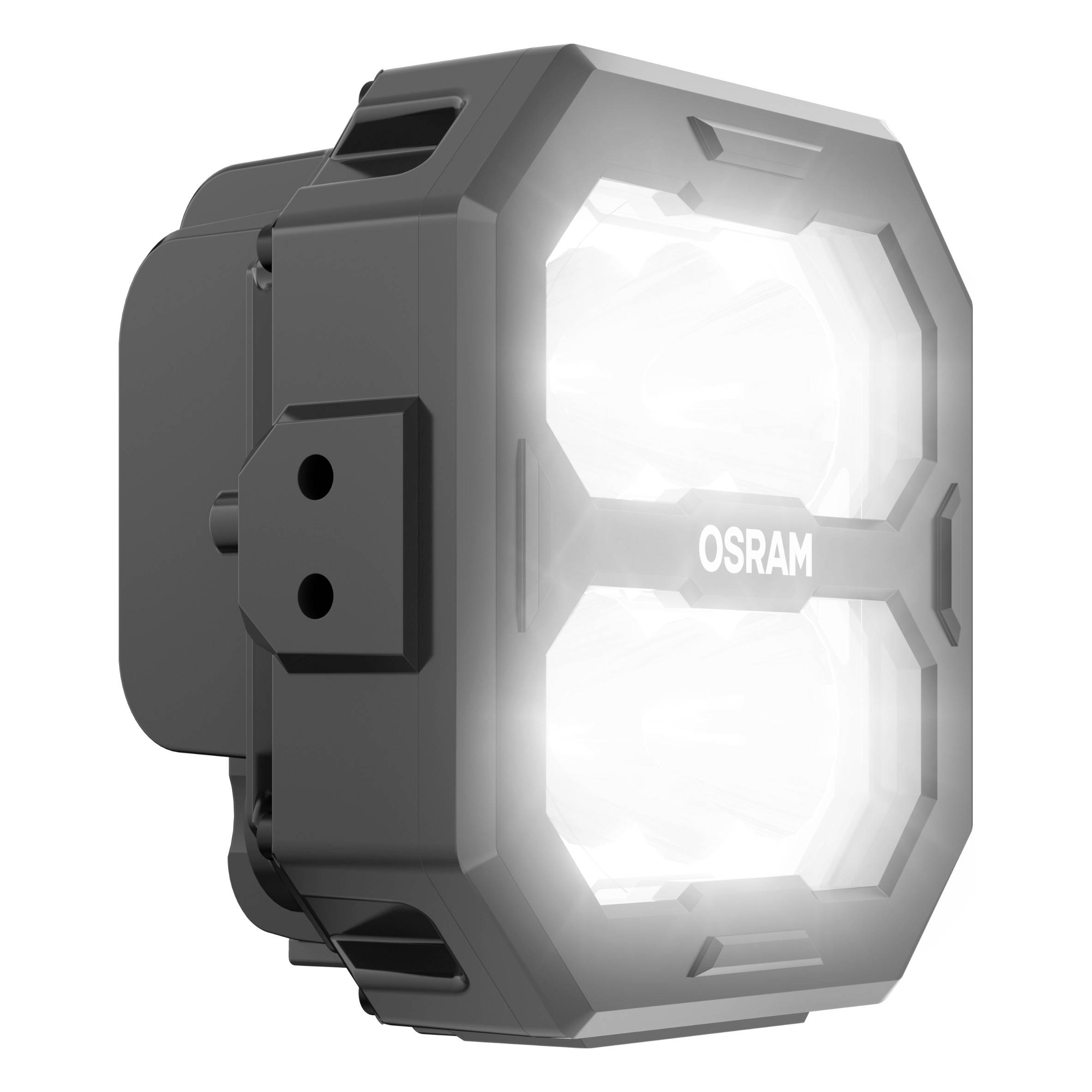 Un projecteur rectangulaire lumineux portant l'inscription 'OSRAM', entouré d'un boîtier robuste, vu de côté.