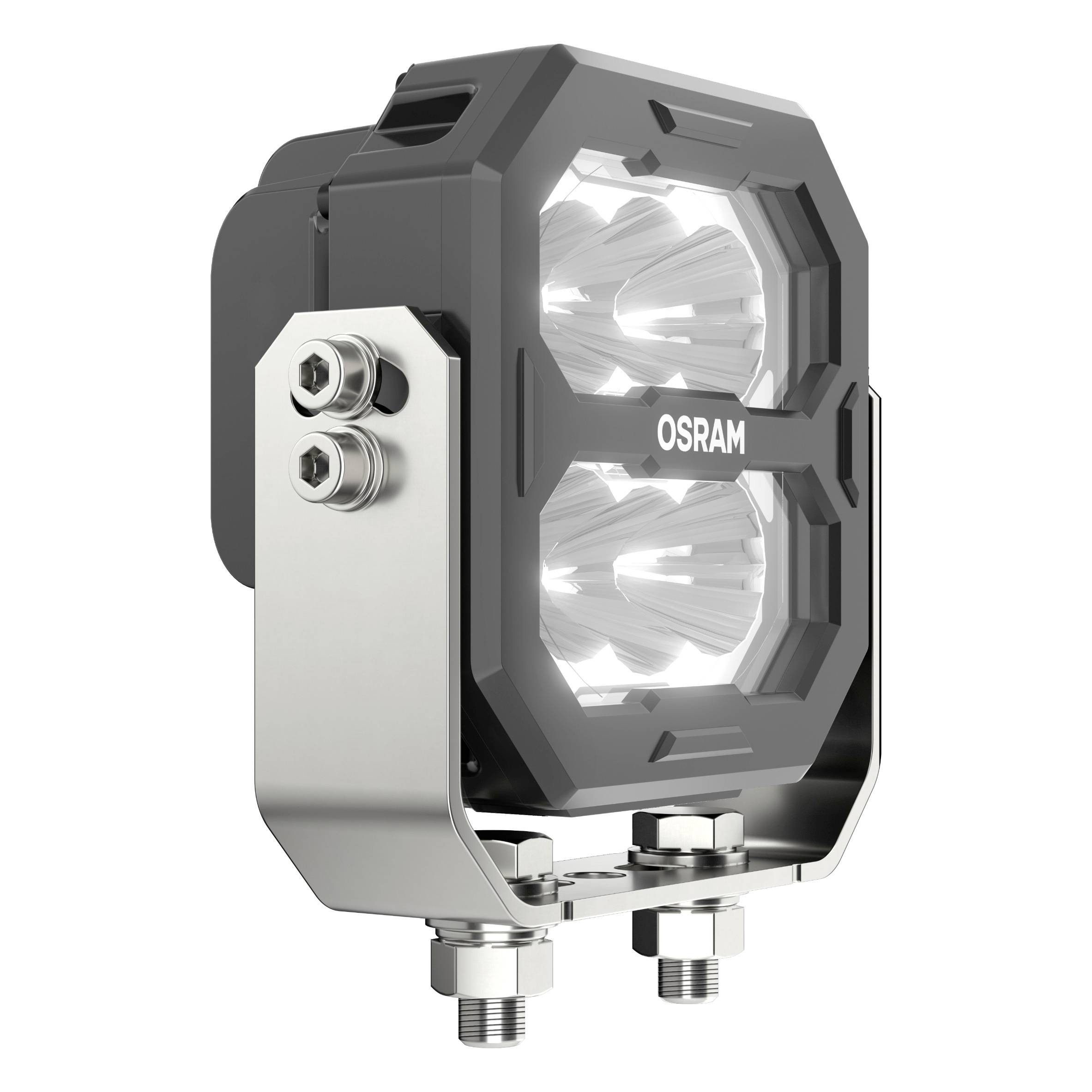 Un projecteur LED carré équipé de quatre lentilles lumineuses, doté d'un support robuste en métal et portant l'inscription 'OSRAM' sur le dessus.