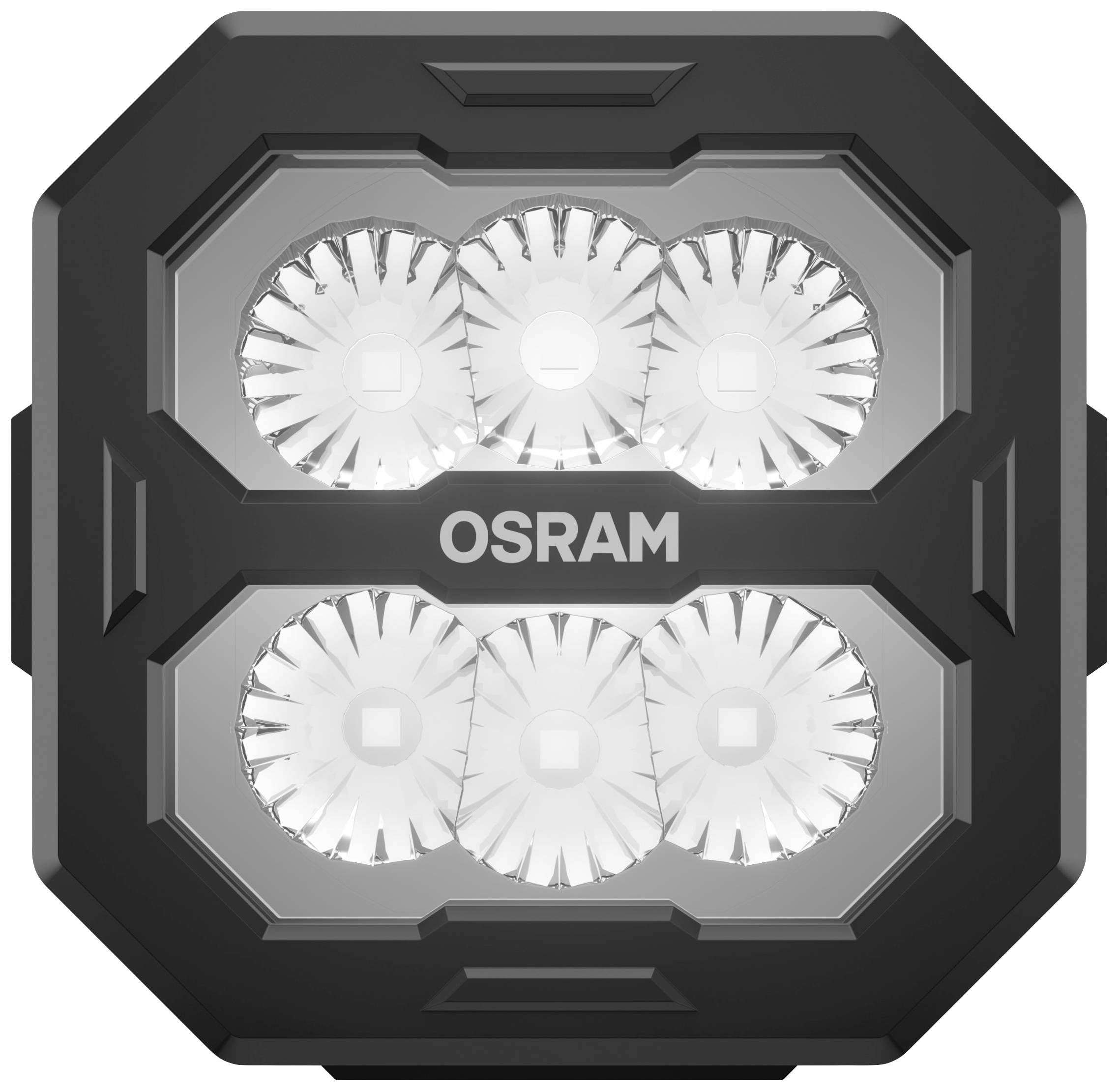 Lampe LED OSRAM avec six lentilles circulaires lumineuses dans un boîtier carré noir.