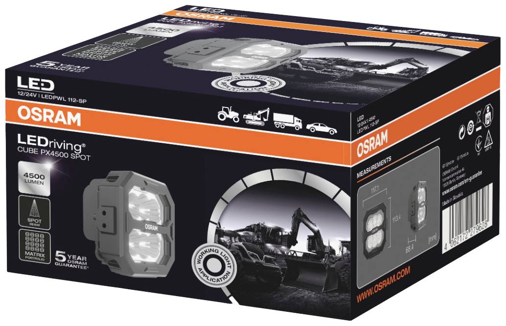 Emballage du produit de la lampe de travail LED OSRAM avec 4500 lumens, garantie de 5 ans. Les images illustrent son utilisation notamment sur des machines de construction et agricoles.
