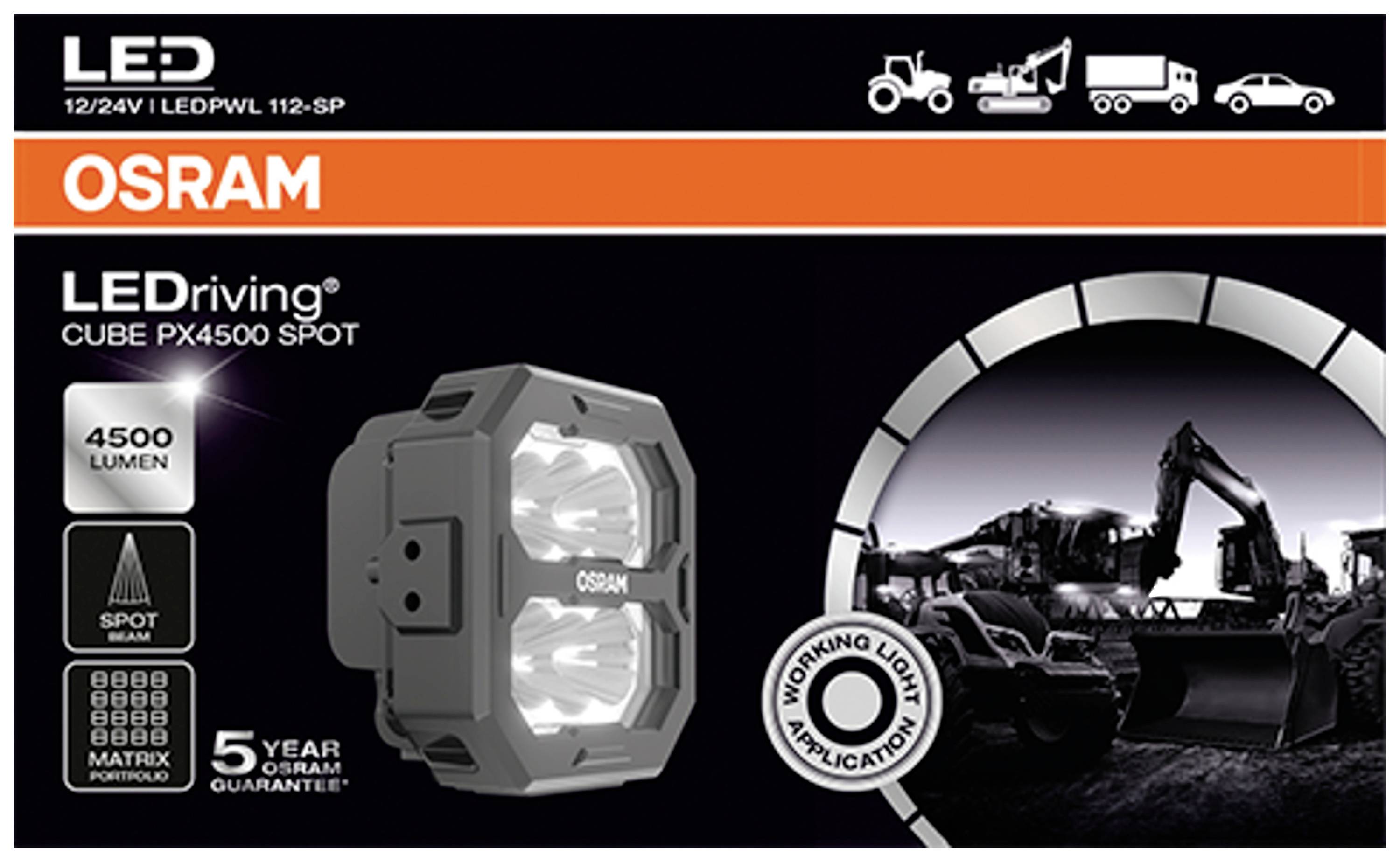 'LED OSRAM CUBE PX4500 SPOT' Projecteur avec 4500 lumens, adapté pour engins de chantier, avec 'Garantie OSRAM de 5 ans'.