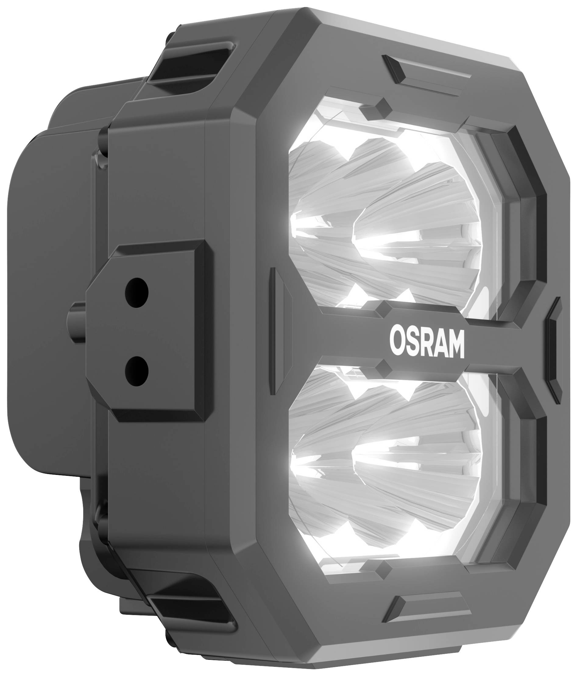 Projecteur LED rectangulaire noir avec quatre lumières brillantes, de marque 'OSRAM'. Adapté aux applications extérieures robustes.