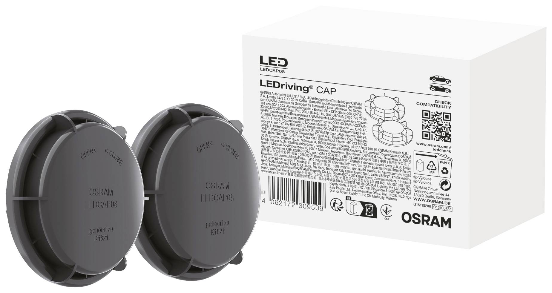 Deux capuchons gris de protection pour lampes de voiture LED devant un emballage blanc portant un texte et un code QR, marqués 'LEDing® CAP' par Osram.