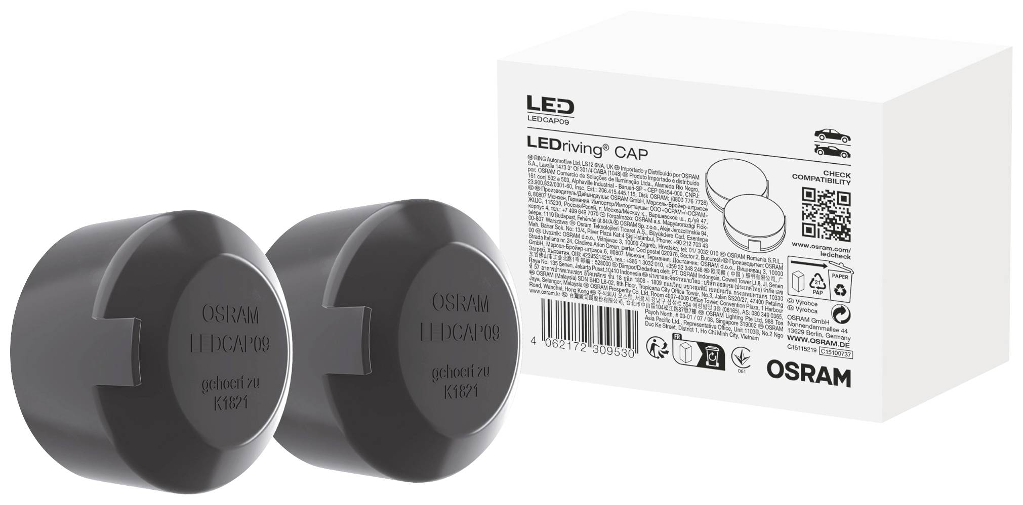 Deux capuchons lumineux noirs LED à côté d'un emballage OSRAM, sur lequel des informations produit et un code QR sont visibles.