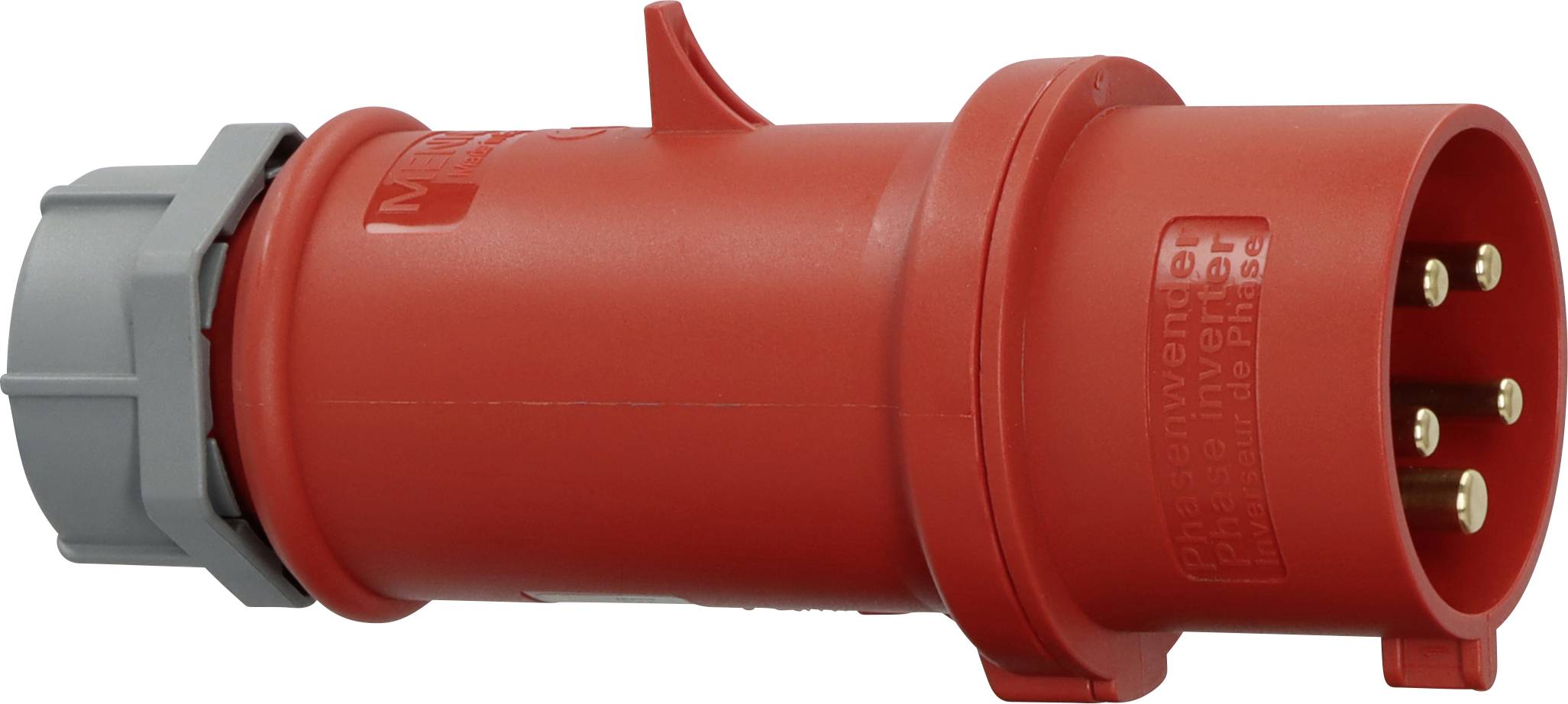 Connecteur de prise électrique industrielle rouge avec entrée de câble grise et cinq broches métalliques, présenté sur fond blanc.