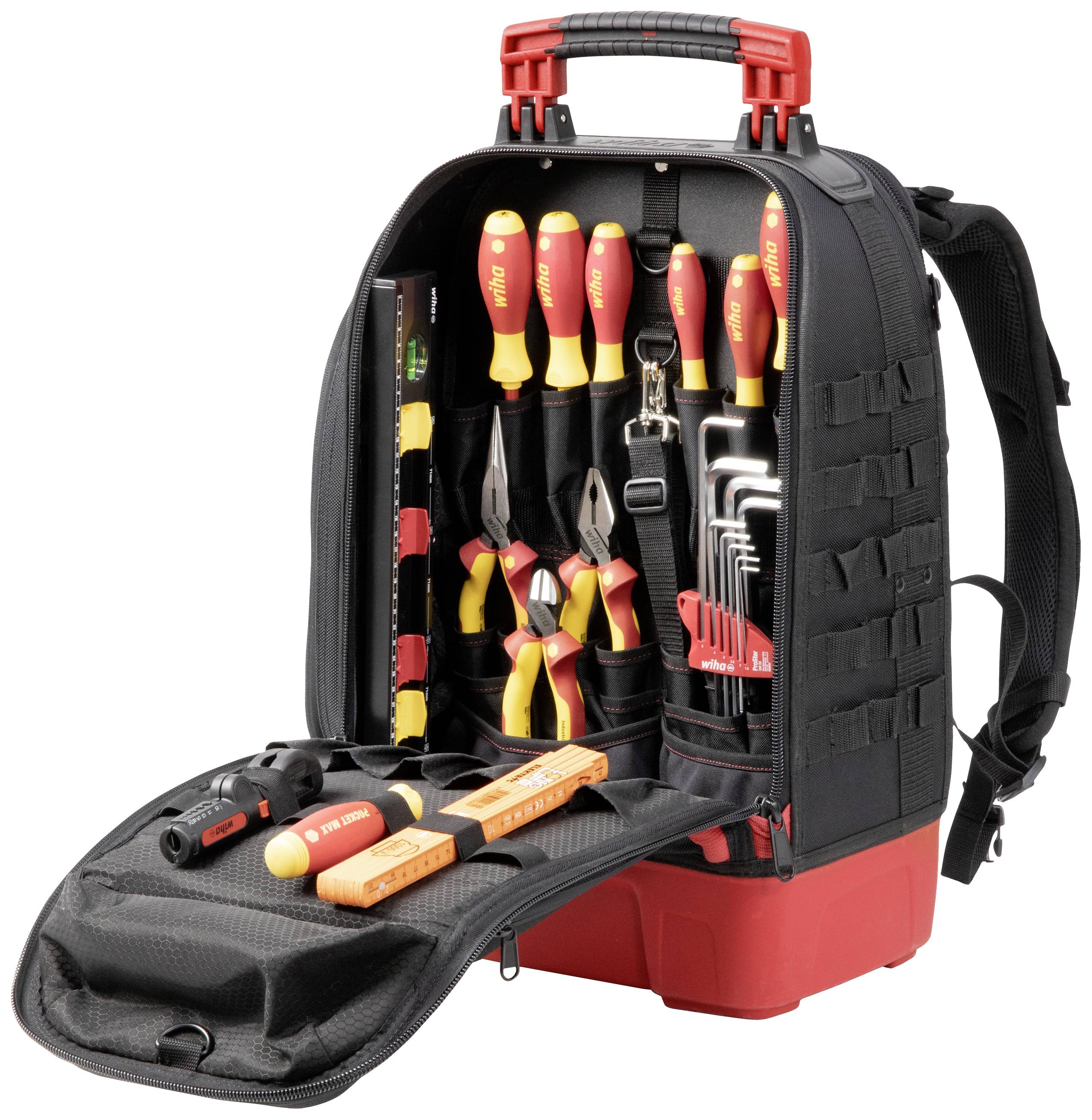 Un sac à dos pour outils ouvert présente divers outils, tels que des tournevis, des pinces et des clés Allen, soigneusement rangés.