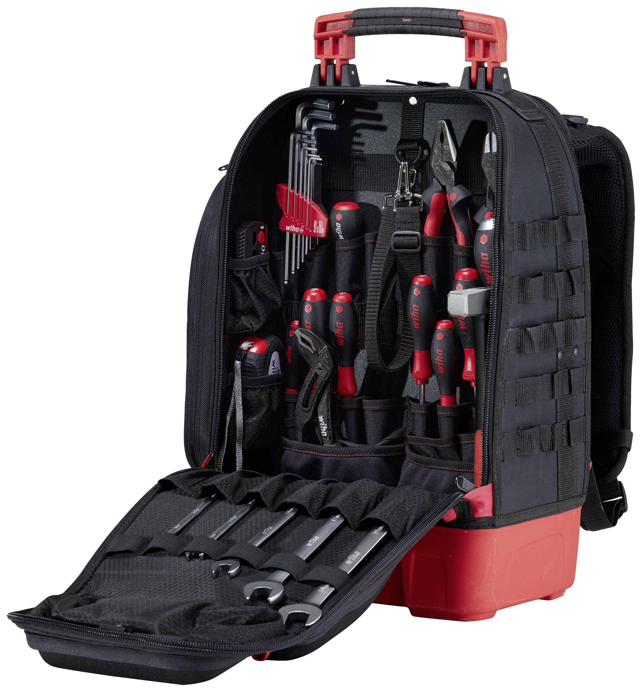 Un sac à dos à outils ouvert contenant divers outils manuels, notamment des tournevis, des pinces et des clés à molette. Idéal pour les déplacements.