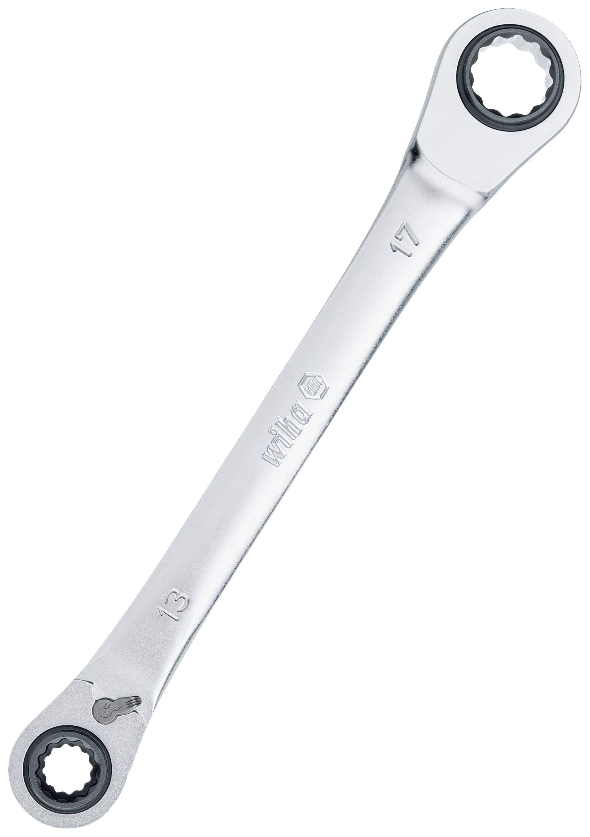 Une clé polygonale à deux tailles, 13 mm et 17 mm, aux extrémités. Convient pour desserrer ou serrer des vis.