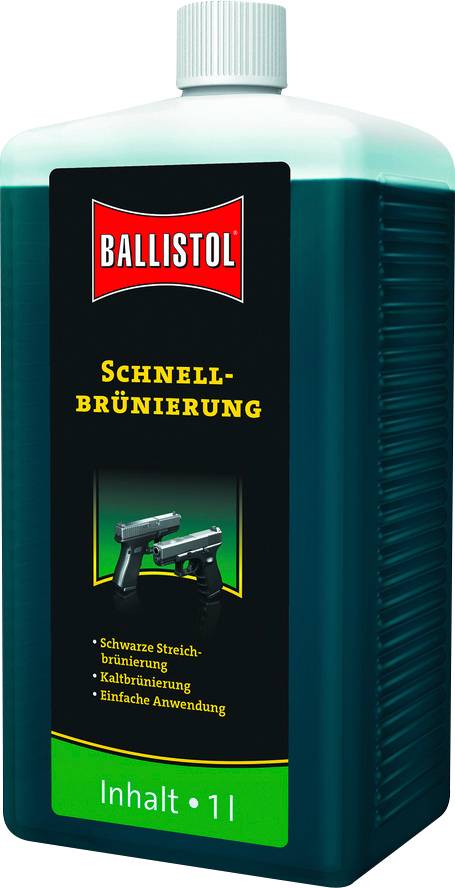 Bouteille de 'Ballistol Schnellbrünierung', 1 litre, pour brunissage de métal. Brunissage noir par application. Deux pistolets sont représentés.