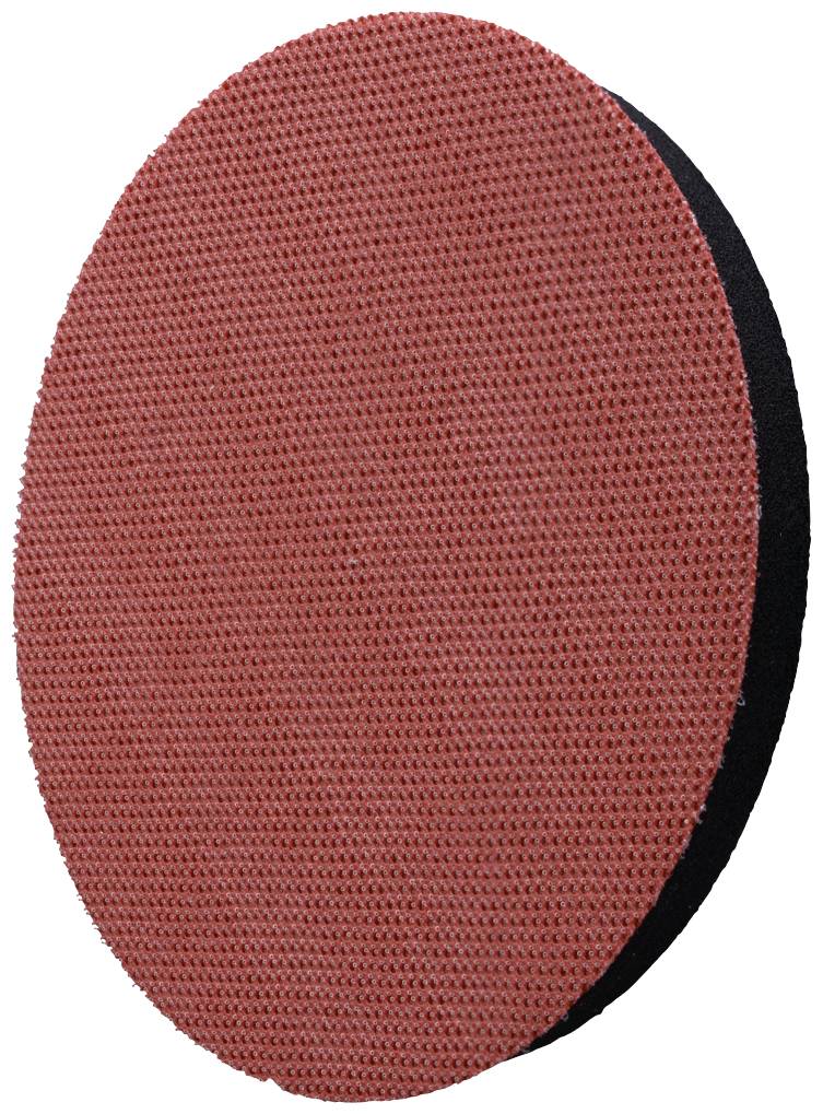 Un disque de ponçage rouge et rond pour un outil, sur un fond neutre.