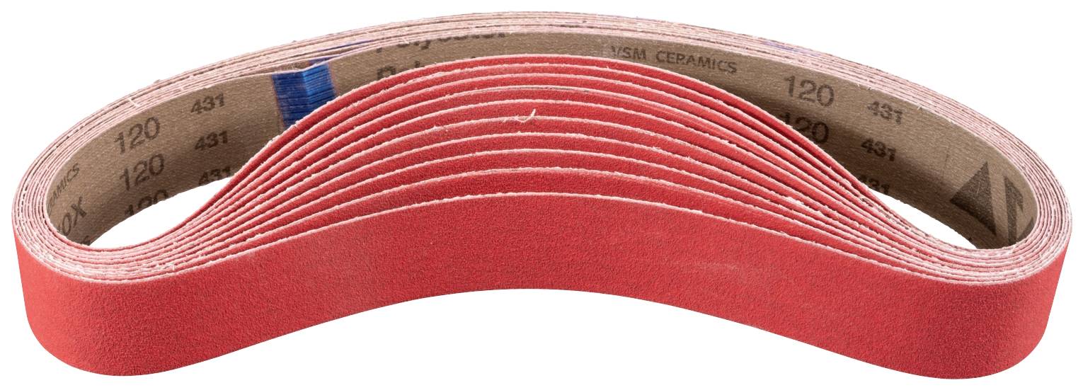 Bande abrasive rouge, enroulée, avec plusieurs couches. Utilisée pour poncer le bois, le métal ou le plastique.