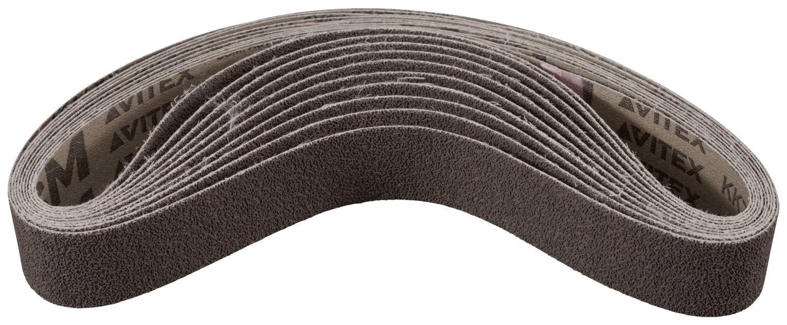 Pile de bandes abrasives courbées dans une disposition ondulée, aux tons bruns et gris, adaptées pour les machines de ponçage.