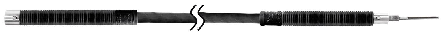 Une longue pièce noire en plume avec une connexion centrale en tissu flexible et des extrémités en métal, ressemblant à un amortisseur.