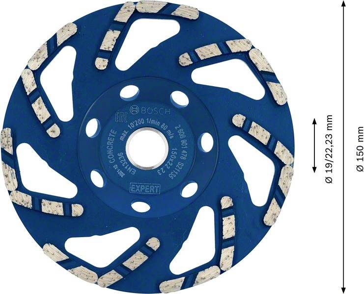 Disque de ponçage bleu avec segments de ponçage blancs ; diamètre de 150 mm, adapté pour les travaux de ponçage sur surfaces en béton.