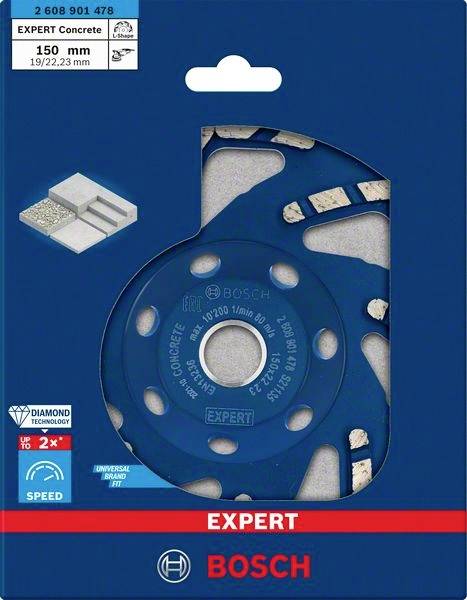 Disque diamant Bosch EXPERT Concrete, 150 mm, pour béton à durée de vie prolongée et rapidité grâce à la 'Diamond Technology'.