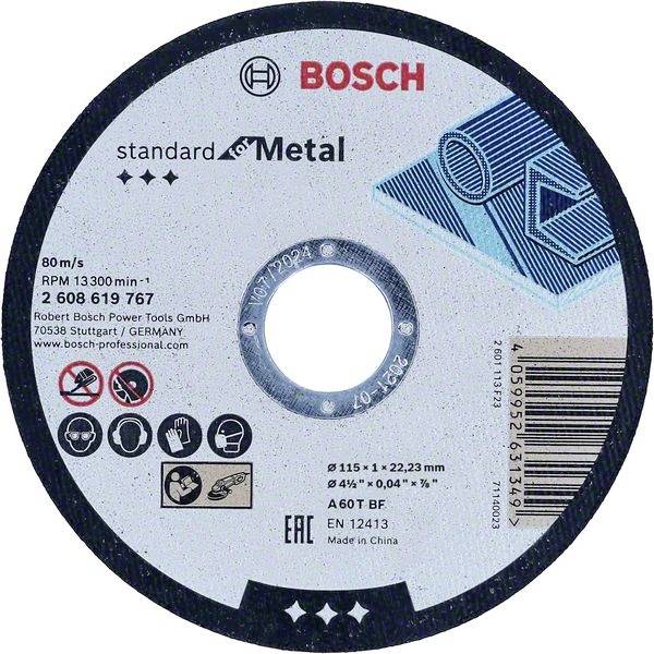 Disque de coupe rond en métal de Bosch portant l'inscription 'standard for Metal', avec des spécifications techniques et des symboles.