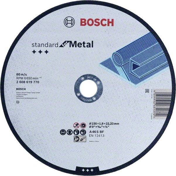 Disque à tronçonner Bosch portant l'inscription 'standard for Metal', diamètre 230 mm, pour l'usinage des métaux.