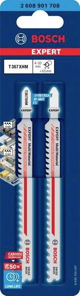 Deux lames de scie Bosch Expert, modèle T367XHM, adaptées pour une épaisseur de 4 à 10 mm. Emballage avec un fond bleu clair et des logos.