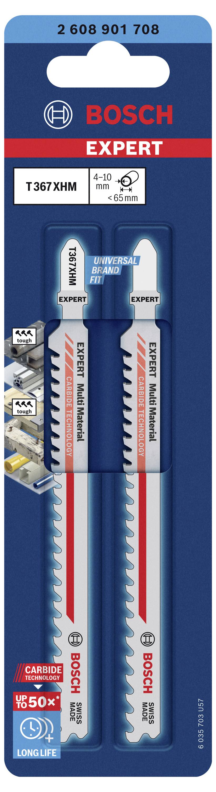 Deux lames de scie sauteuse Bosch Expert, modèle T367XHM. Adaptées pour les coupes de métal, durabilité, durée de vie prolongée de 50 %.