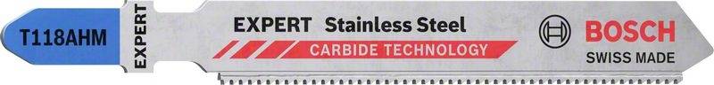 Lame de scie Bosch : 'EXPERT', en acier inoxydable, avec 'Carbide Technology', étiquetée 'T118AHM', 'SWISS MADE'.
