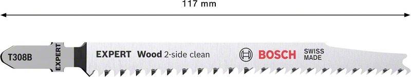 Lame de scie de 117 mm de long, marque Bosch. Texte : 'EXPERT Wood 2-side clean', 'Swiss Made'. Des flèches indiquent la longueur.