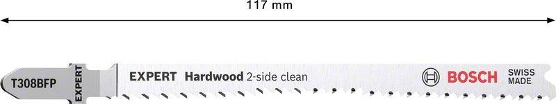 Lame de scie portant l'inscription 'Bosch Expert Hardwood 2-side clean', longueur 117 mm, pour travaux sur bois.
