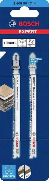 Deux lames de scie sauteuse Bosch 'Expert', adaptées au bois/MDF, emballées. L'emballage présente les détails du produit et les instructions d'utilisation.