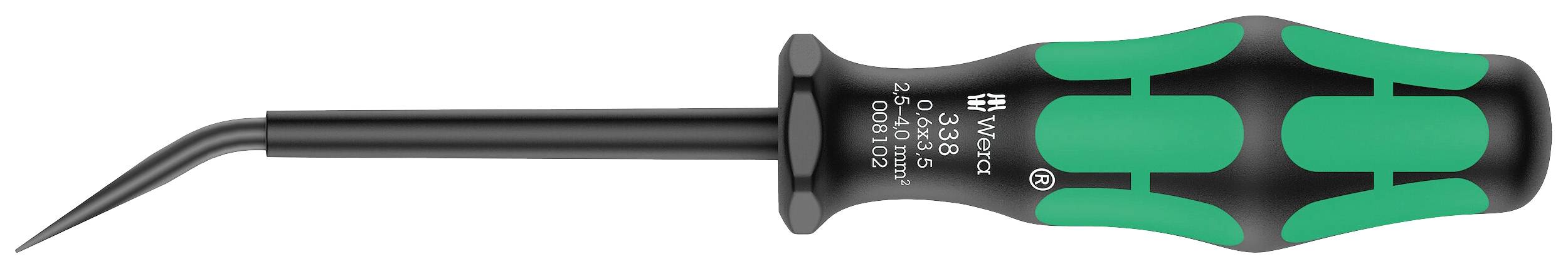 Un tournevis d'angle à poignée ergonomique vert et noir, adapté pour les endroits difficiles d'accès.