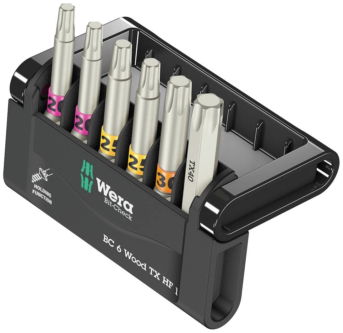 Ensemble de 6 embouts de tournevis dans un support noir de la marque 'Wera', avec des bagues de couleur pour l'identification des tailles, modèle 'BC 6 Wood TX HF 1'.