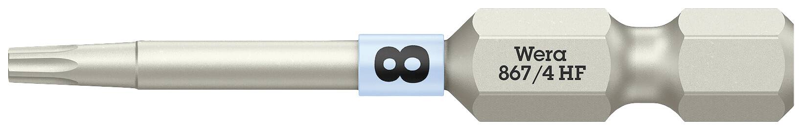 Embout de tournevis de la marque Wera, modèle 867/4 HF, zone de torsion en bleu, adapté pour les vis Torx.