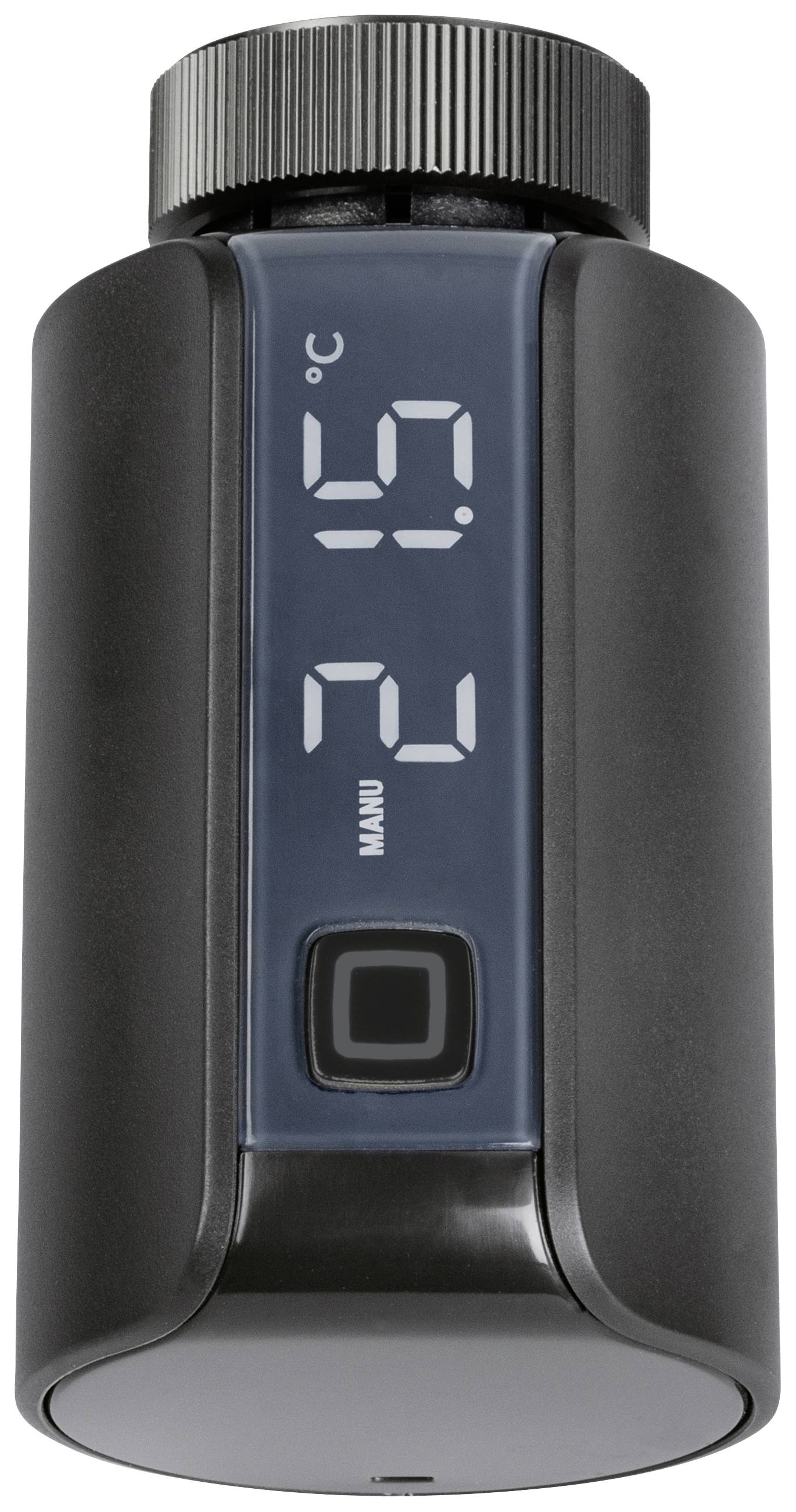 Bouteille thermos noire avec affichage numérique de la température, indiquant '21,5°C'. Couvercle en haut, bouton en dessous.