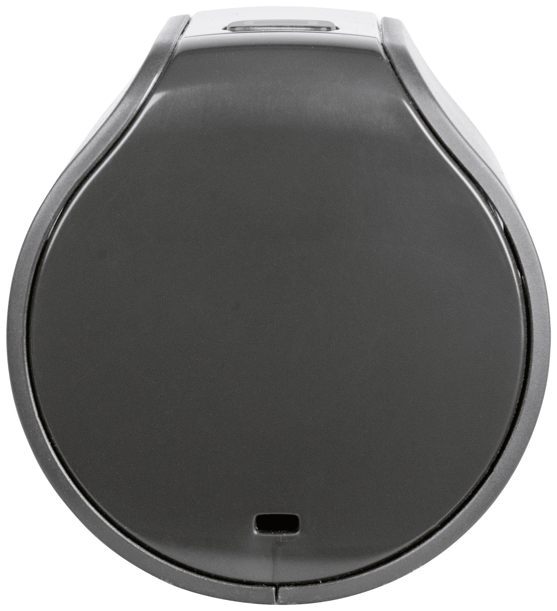 Un dispositif rond et noir avec une petite ouverture rectangulaire sur sa face inférieure, probablement un composant technologique ou un élément d'appareil.
