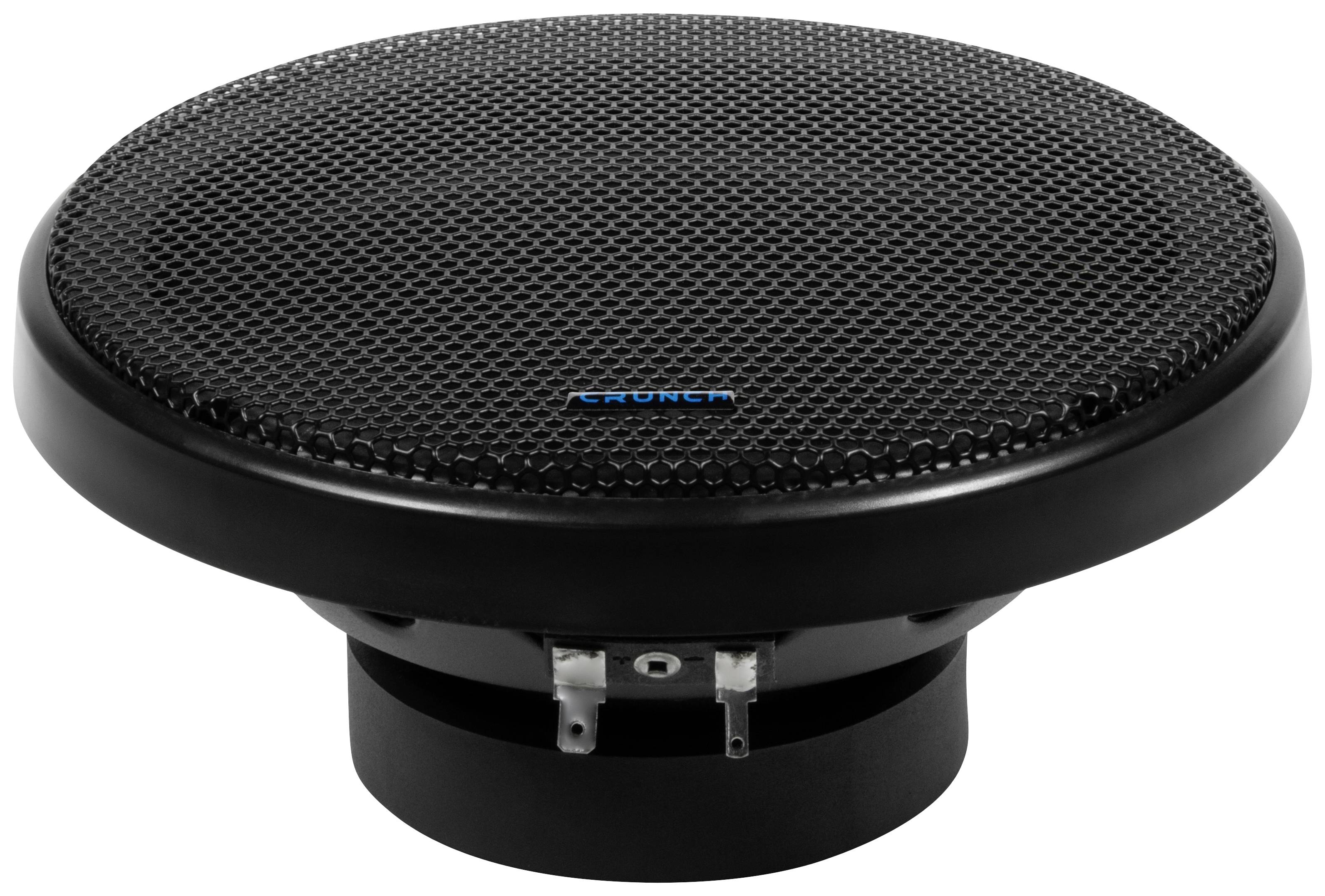 Haut-parleur noir avec grille métallique et deux connexions en bas, sur fond blanc.