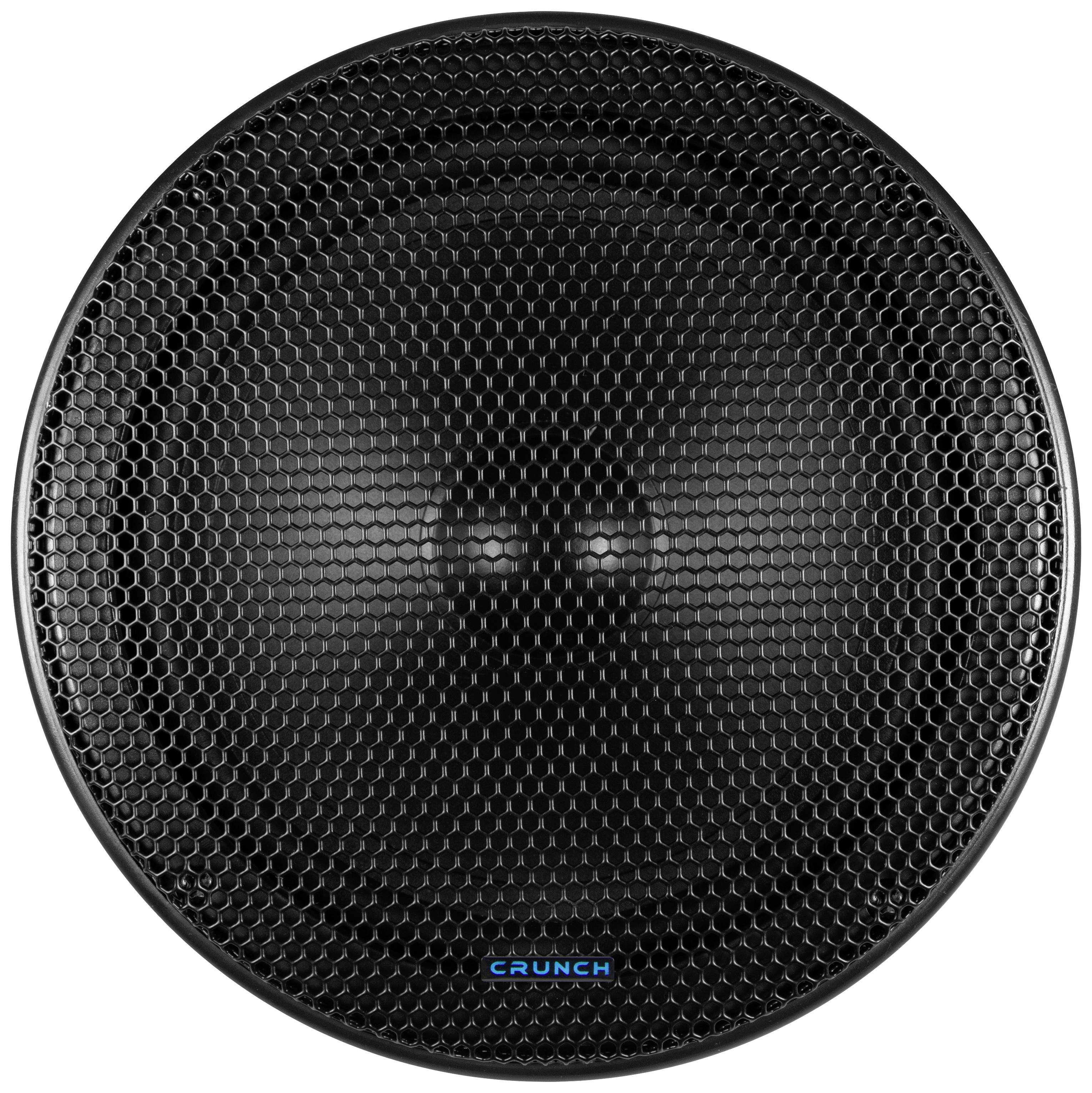 Un haut-parleur rond noir avec un motif en nid d'abeille sur la grille. En bas, le mot 'CRUNCH' est écrit en petit en bleu.
