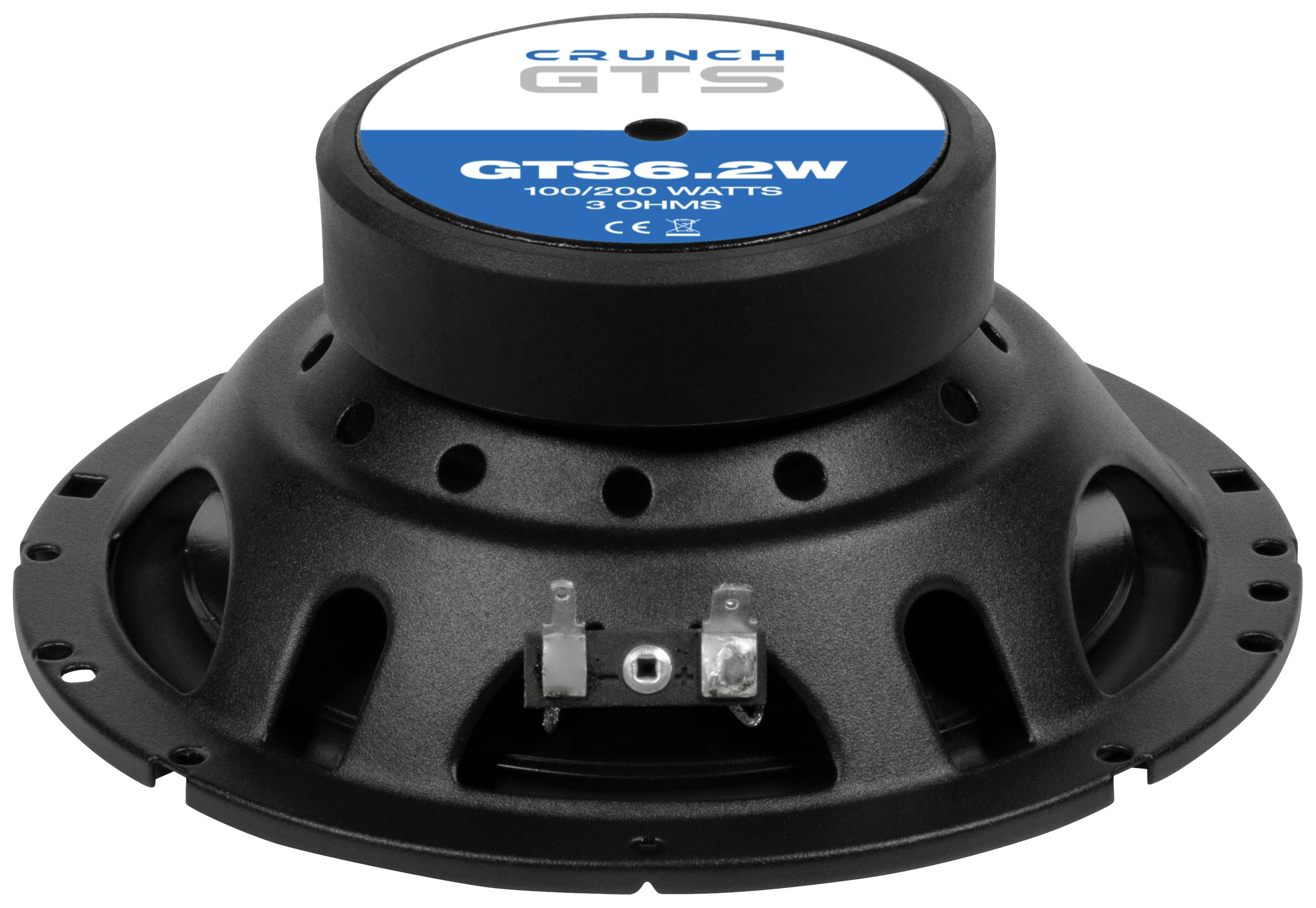 Un haut-parleur noir portant l'inscription 'GTS6.2W 100/200 Watts 3 Ohms'. Boîtier avec des connexions métalliques visibles.