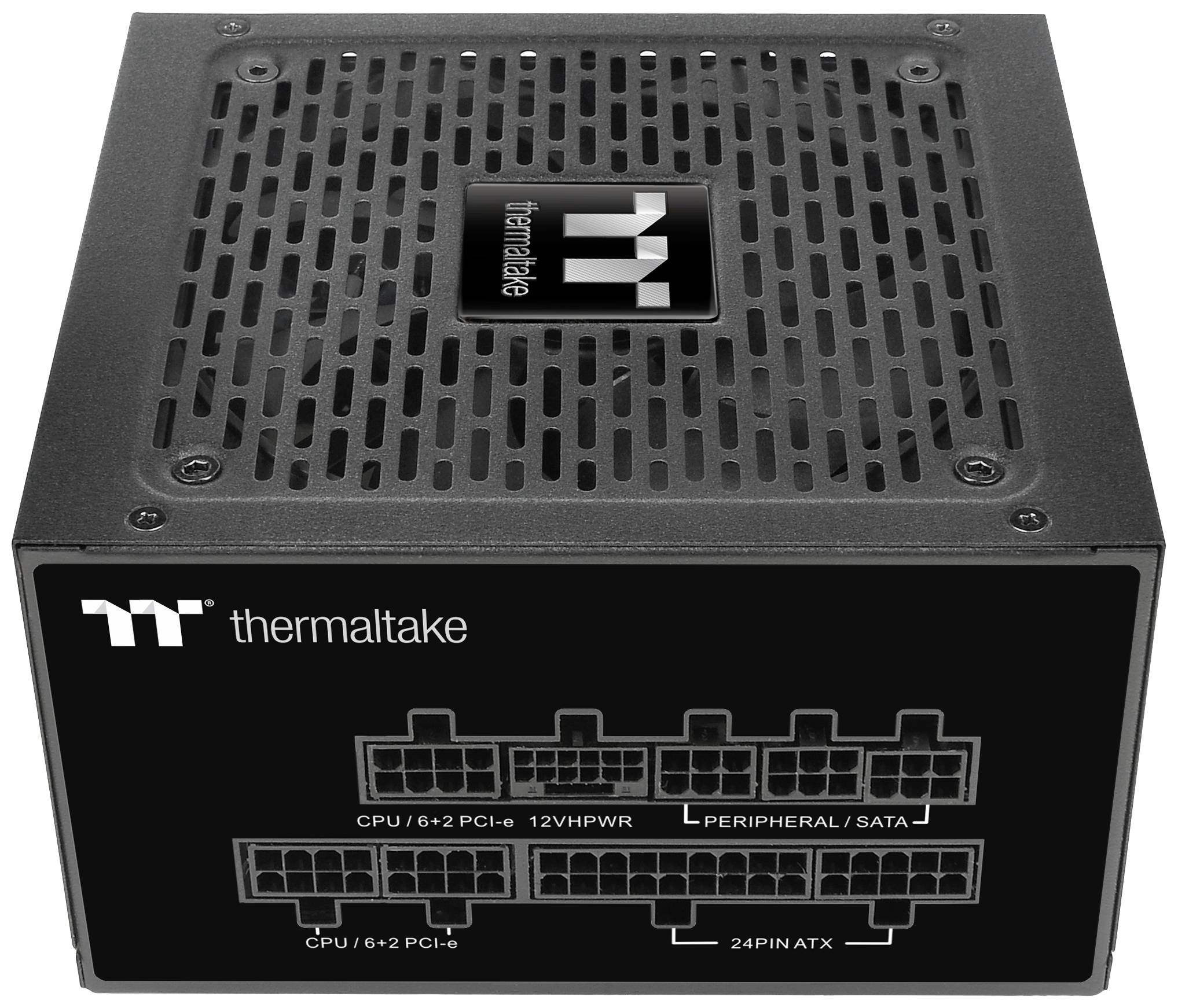 Bloc d'alimentation pour ordinateur de Thermaltake, noir, avec plusieurs options de connexion pour CPU, PCIe, SATA et carte mère, avec grille de ventilation supérieure.