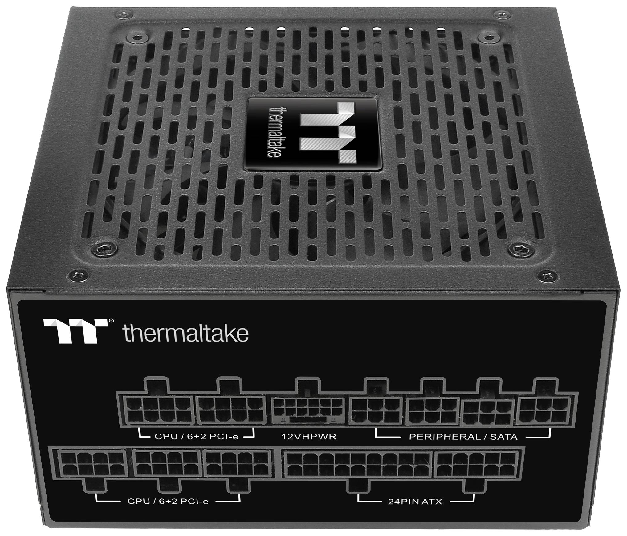 L'image montre un bloc d'alimentation Thermaltake avec plusieurs panneaux de connexion étiquetés 'CPU', 'PCI-e', '12VHPWR', 'SATA' et 'ATX'.