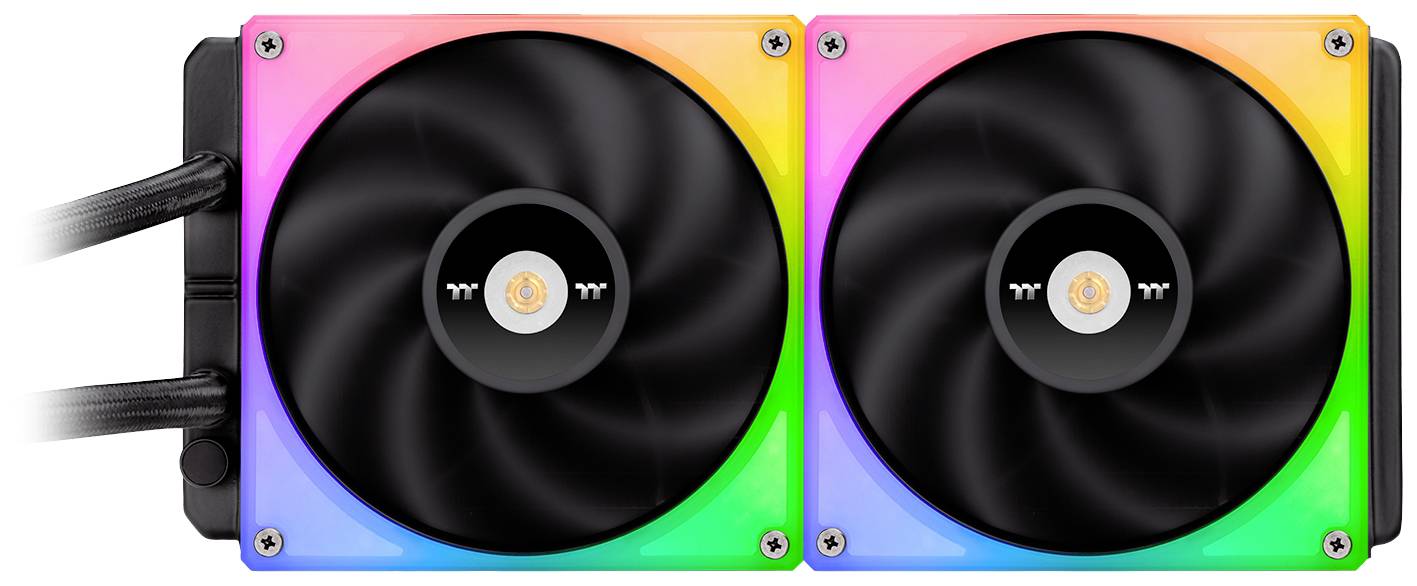 Deux ventilateurs commandés par ordinateur, entourés d'un bandeau lumineux RVB qui s'illumine dans différentes couleurs.