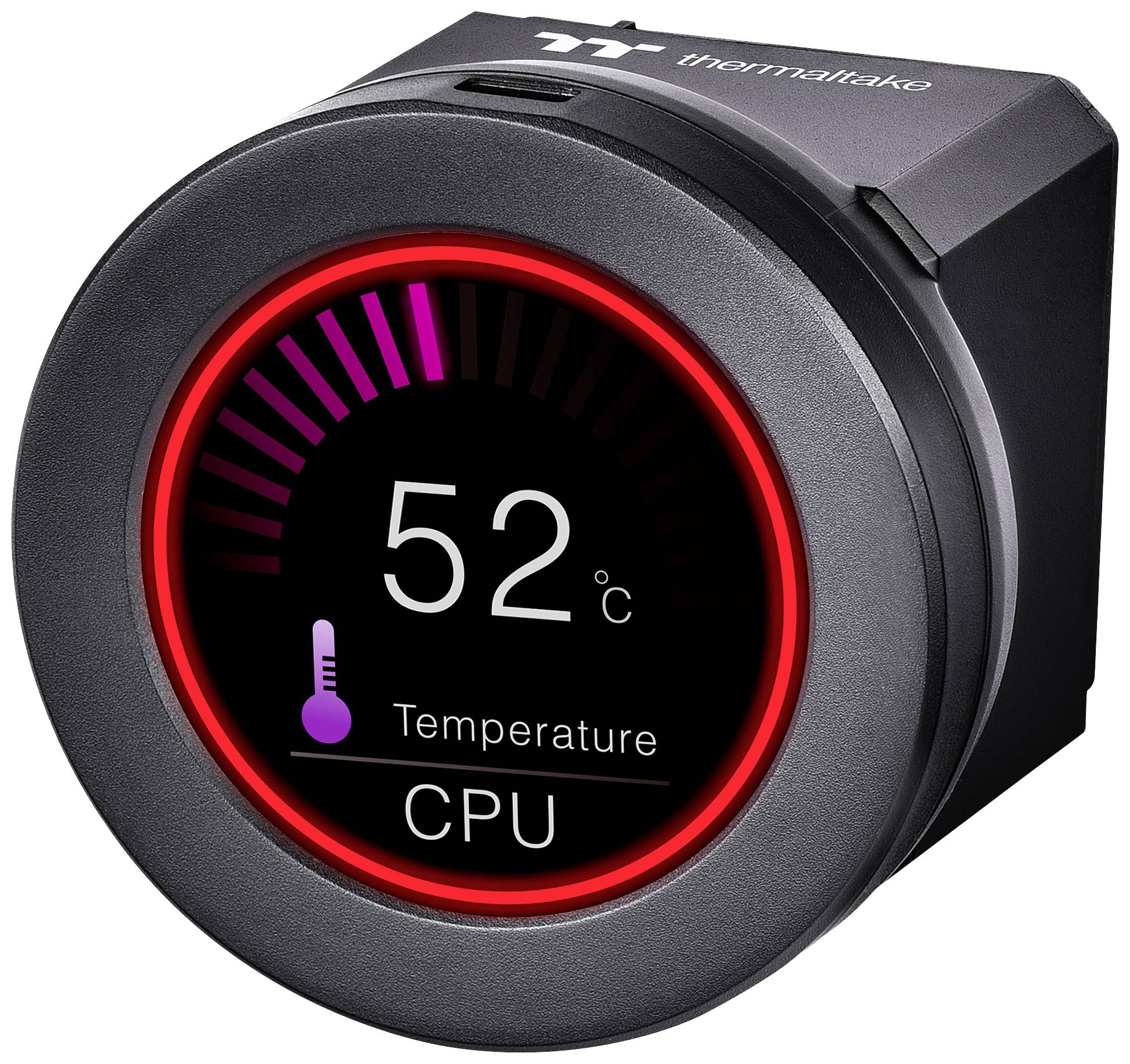 Moniteur de refroidisseur de CPU rond affichant la température, 52 degrés Celsius dans un cercle rouge. En haut est écrit 'Thermaltake'.