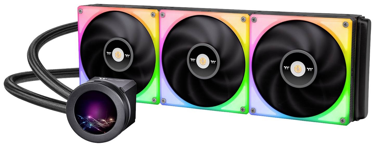 Un système de refroidissement à eau RGB triple avec ventilateurs éclairés et bloc de pompe circulaire.