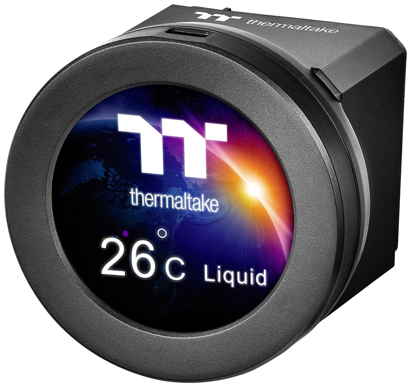 Affichage numérique rond et compact d'un logo Thermaltake et de l'inscription '26°C Liquid' sur un fond coloré.