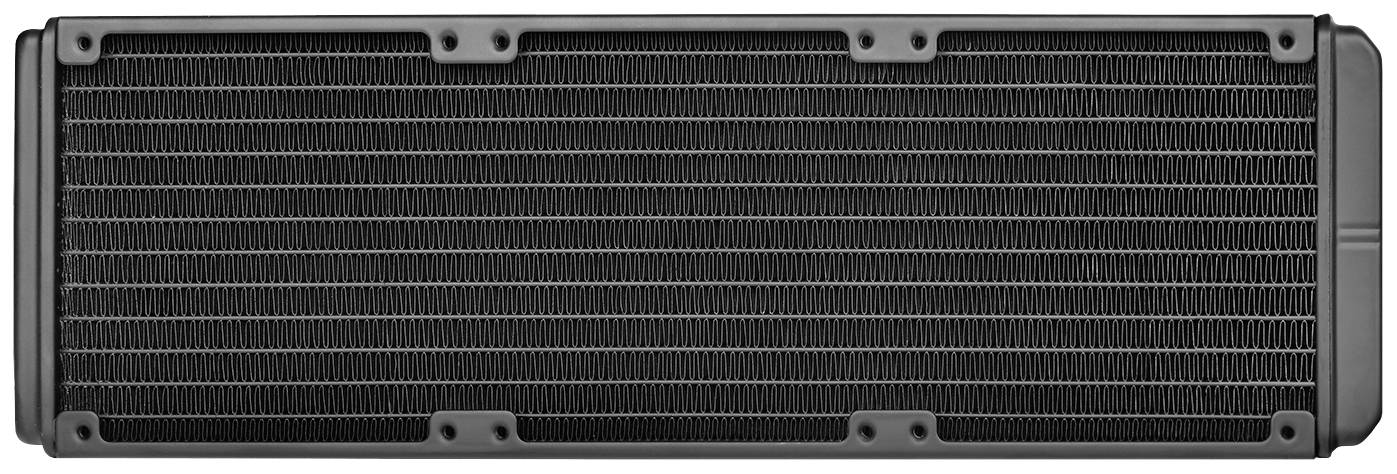 Un radiateur rectangulaire avec une grille de lamelles fines pour le refroidissement liquide de PC, illustrant un design d'évacuation thermique efficace.