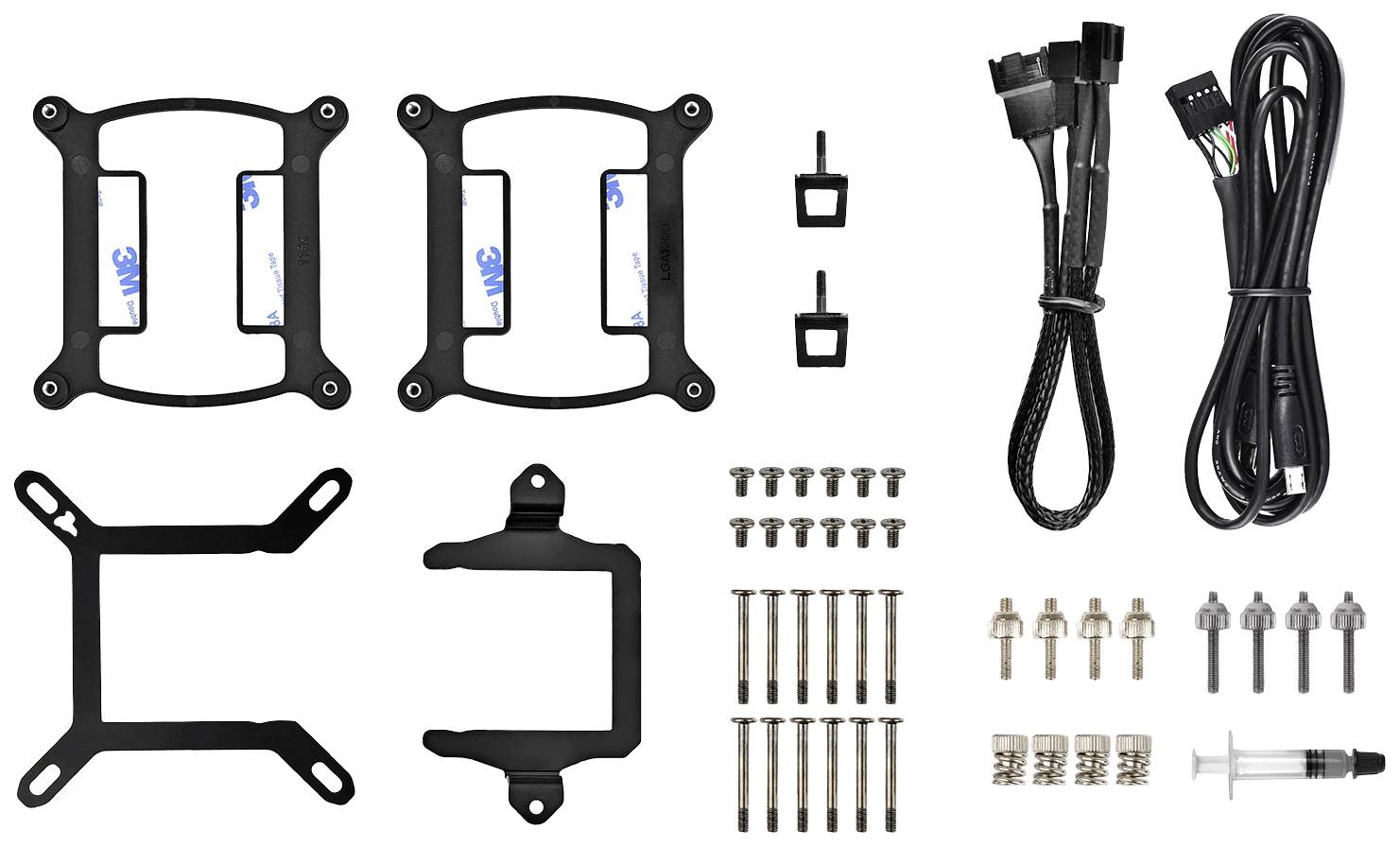 Kit de fixation pour ventilateurs d'ordinateur avec vis, câbles et supports. Comprend plusieurs ensembles de vis métalliques et supports en plastique.