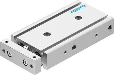 Actionneur linéaire pneumatique de Festo. Composé d'un chariot plat avec des trous de fixation, adapté aux applications industrielles.