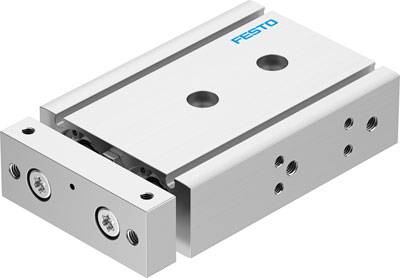 Axe linéaire de Festo avec corps de base rectangulaire, deux trous de fixation et des perçages latéraux. Adapté pour l'automatisation.