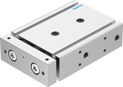 Chariot pneumatique compact en version métallique ; design rectangulaire avec logo Festo. Adapté pour des mouvements linéaires précis.